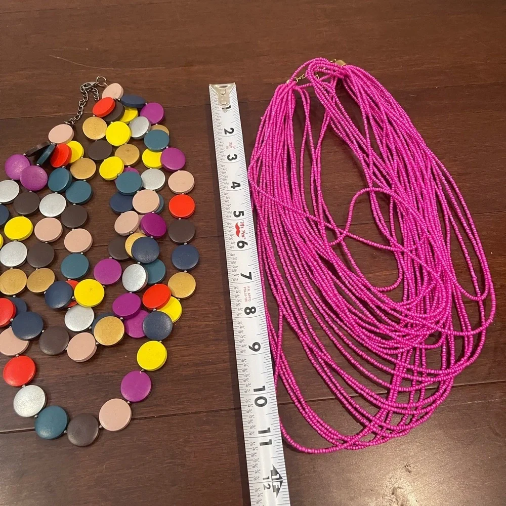 set of 2 -Colorful Disc Necklace and Pink Beaded Necklace Set